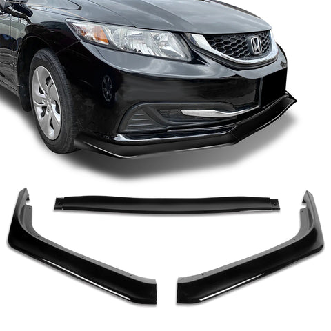 For 2013-2015 Honda Civic Sedan Painted Black Aero-Style Front Bumper Body Lip + Side Skirt Rocker Winglet Canard Diffuser Wing  (Glossy Black) 5PCS