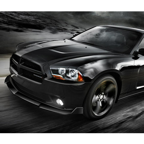 For 2011-2014 Dodge Charger STP-Style Painted Black Front Bumper Spoiler Lip Kit + Side Skirt Rocker Winglet Canard Diffuser Wing  (Glossy Black) 5PCS