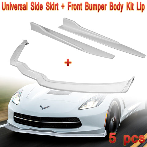2014-2019 Chevy Corvette C7 ST-Style Painted White Front Bumper Spoiler Lip + Side Skirt Rocker Winglet Canard Diffuser Wing  Body Splitter ABS (Glossy White) 5PCS