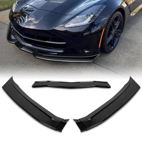 For 2014-2019 Chevy Corvette C7 Stage 2 Painted Black Front Bumper Spoiler Lip + Side Skirt Rocker Winglet Canard Diffuser Wing  (Glossy Black) 5PCS