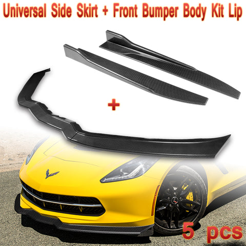 For 2014-2019 Chevrolet Corvette C7 Stage 2 Carbon Look Front Bumper Spoiler Lip + Side Skirt Rocker Winglet Canard Diffuser Wing  Body Splitter ABS ( Carbon Style) 5PCS