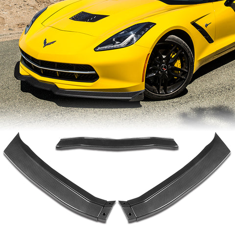 For 2014-2019 Corvette C7 Stage 2 Painted Carbon Look Color  Front Bumper Body Splitter Spoiler Lip 3 Pcs
