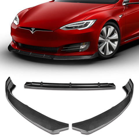 For 2016-2020 Tesla Model S STP-Style Painted Carbon Look Color Front Bumper Splitter Spoiler Lip 3 Pcs