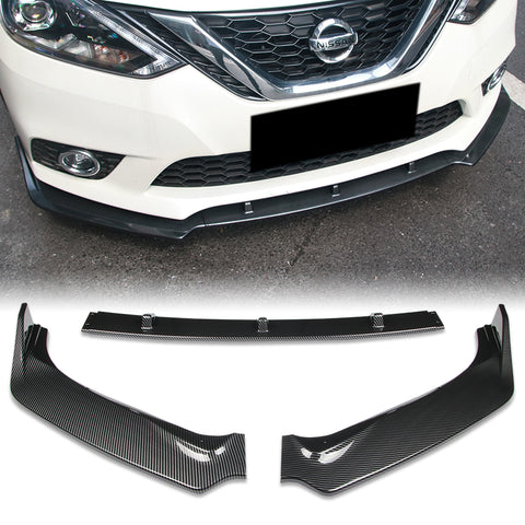 For 2016-2019 Nissan Sentra 4DR Painted Carbon Look Style Front Bumper Body Kit Spoiler Lip 3Pcs