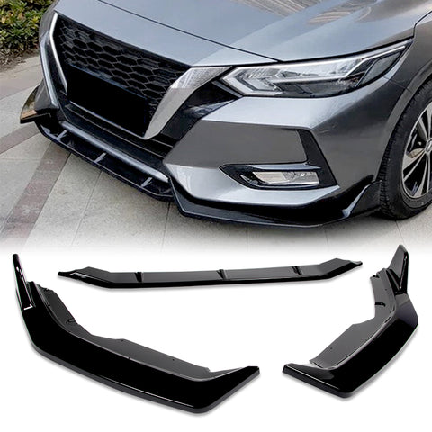 For 2020-2023 Nissan Sentra Painted Black Front Bumper Body Kit Spoiler Lip + Side Skirt Rocker Winglet Canard Diffuser Wing  (Glossy Black) 5PCS