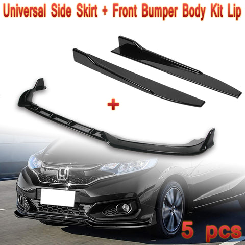 For 2018-2021 Honda Fit Painted Black Front Bumper Body Kit Spoiler Lip + Side Skirt Rocker Winglet Canard Diffuser Wing  (Glossy Black) 5PCS