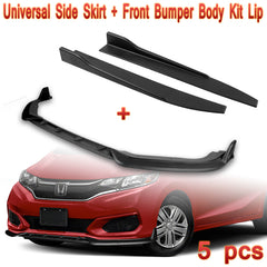 For 2018-2021 Honda Fit Unpainted Black Front Bumper Body Kit Spoiler Lip + Side Skirt Rocker Winglet Canard Diffuser Wing  Body Splitter ABS (Matte Black) 5PCS