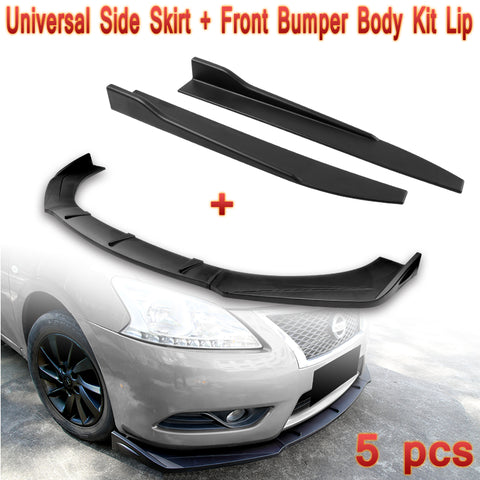 Universal Unpainted Black Front Bumper Protector Body Splitter Spoiler Lip + Side Skirt Rocker Winglet Canard Diffuser Wing  Body Splitter ABS (Matte Black) 5PCS