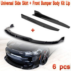 For 2015-2021 Dodge Charger SRT-Style Painted Black Front Bumper Spoiler Lip + Side Skirt Rocker Winglet Canard Diffuser Wing  (Glossy Black)  6PCS