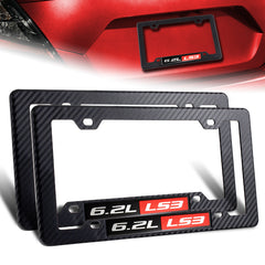 2 x Carbon Style ABS License Plate Frame Cover Front & Rear W/ 6.2L LS3 Emblem