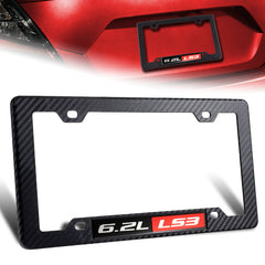 1 x Carbon Style ABS License Plate Frame Cover Front & Rear W/ 6.2L LS3 Emblem