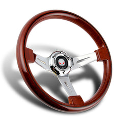 350MM Class Dark Wood Grip 6-Hole Chrome 3-Spoke Steering Wheel Universal