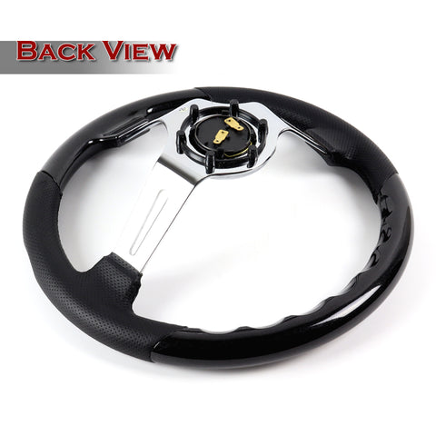 W-Power 13.5" Pearl Black Wood Grip 6-Hole Chrome 3-Spoke Racing Steering Wheel