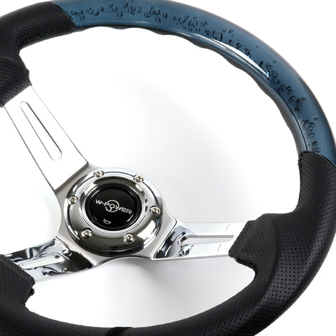 W-Power 13.5" Black Bubble Leather Chrome 3-Spoke 4" Deep Dish Steering Wheel