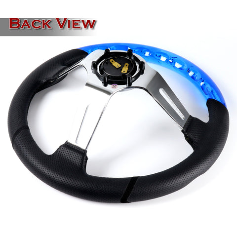 W-Power 13.5" Blue Bubble Leather Chrome 3-Spoke 4" Deep Dish Steering Wheel