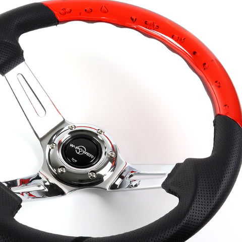 W-Power 13.5" Red Bubble Leather Chrome 3-Spoke 4" Deep Dish Steering Wheel