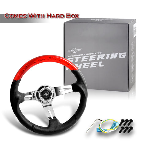 W-Power 13.5" Red Bubble Leather Chrome 3-Spoke 4" Deep Dish Steering Wheel