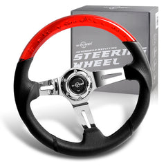 W-Power 13.5" Red Bubble Leather Chrome 3-Spoke 4" Deep Dish Steering Wheel