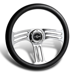 W-Power 350MM 14" BLK Leather Grip 6-Hole Chrome 3-Spoke Vintage Steering Wheel