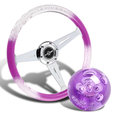 W-Power 350MM Purple/Clear VIP Crystal Bubble 3-Spoke Steering Wheel + Shift Knob