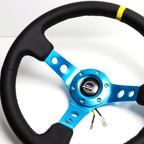 NRG 350MM Deep Black Leather Blue Spoke/Yellow Stripe 14" Racing Steering Wheel