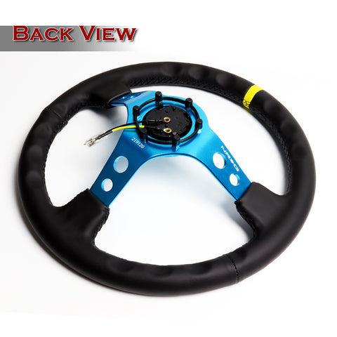 NRG 350MM Deep Black Leather Blue Spoke/Yellow Stripe 14" Racing Steering Wheel