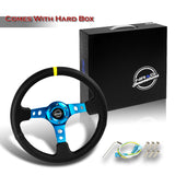 NRG 350MM Deep Black Leather Blue Spoke/Yellow Stripe 14" Racing Steering Wheel