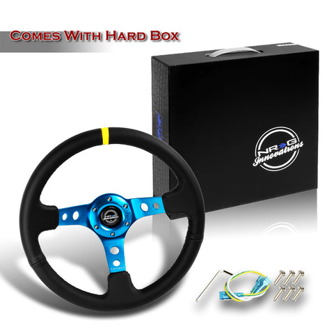 NRG 350MM Deep Black Leather Blue Spoke/Yellow Stripe 14" Racing Steering Wheel