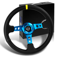 NRG 350MM Deep Black Leather Blue Spoke/Yellow Stripe 14" Racing Steering Wheel