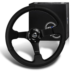 NRG RST-036MB-R 350MM Black Spoke 3" Deep Dish Black Leather Grip Steering Wheel