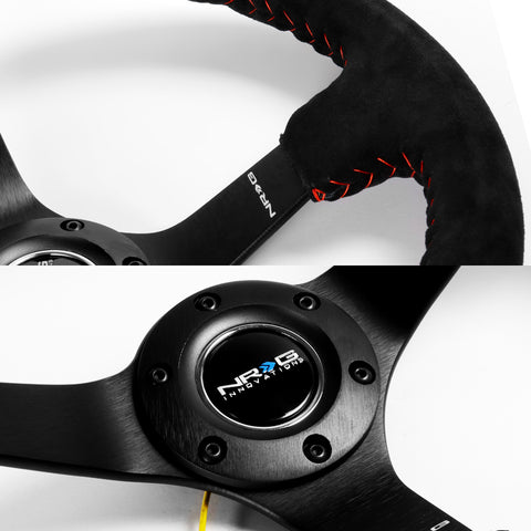 NRG RST-036MB-S-RD 350MM Premium Suede Black Spoke Red Stitching Steering Wheel