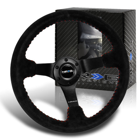 NRG RST-036MB-S-RD 350MM Premium Suede Black Spoke Red Stitching Steering Wheel