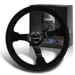 NRG RST-036MB-S-RD 350MM Premium Suede Black Spoke Red Stitching Steering Wheel