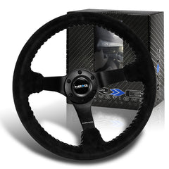 NRG RST-036MB-S-SL 350MM Premium Suede Black Spoke Silver Stitch Steering Wheel