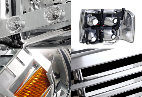 For 2000-2006 Chevy Suburban 1500/2500 / 1999 - 2002 Chevy Silverado 1500/2500 / 2000 - 2006 Chevy Tahoe LED DRL Chrome Headlight +Vertical Grille