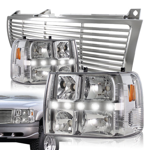 For 2000-2006 Chevy Suburban 1500/2500 / 1999 - 2002 Chevy Silverado 1500/2500 / 2000 - 2006 Chevy Tahoe LED DRL Chrome Headlight +Vertical Grille