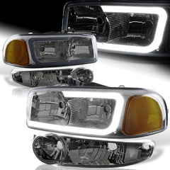 For 2002-2007 GMC Sierra 1500 Denali G2 DRL LED Smoke Amber Headlights+Bumper  4Pcs