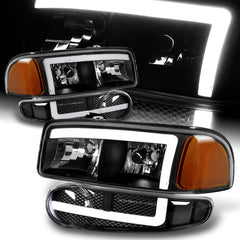 For 2001-2007 GMC Sierra 1500 Denali DRL LED Black Amber Headlights + Bumper  4PCS