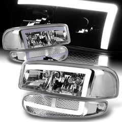 For 2001-2007 GMC Sierra 1500 Denali DRL LED Chrome Clear Headlights + Bumper  4PCS