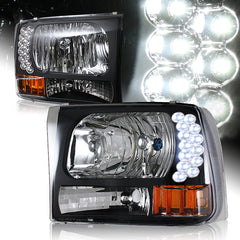 For 1999-2004 Ford F250/F350 Super Duty LED Black Headlights W/Amber Reflector