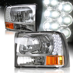 For 1999-2004 Ford F250/F350 Super Duty LED Chrome Headlights W/Amber Reflector