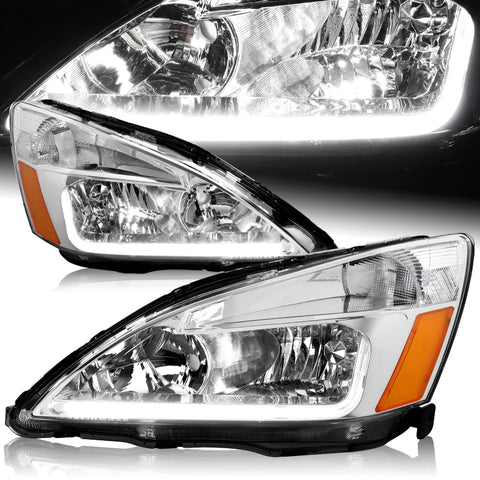 For 2003-2007 Honda Accord 2/4DR DRL LED Chrome Housing Headlights With Amber Reflector