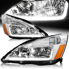 For 2003-2007 Honda Accord 2/4DR DRL LED Chrome Housing Headlights With Amber Reflector