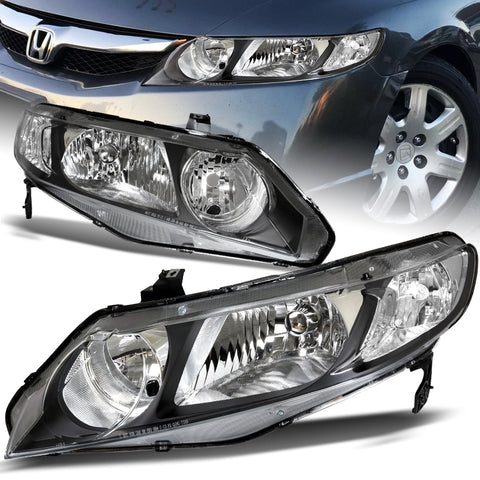 For 2006-2011 Honda Civic 4DR/Sedan Black Housing Headlights with Clear Reflector