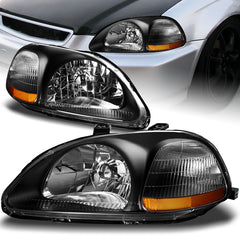 For 1996-1998 Honda Civic 2/3/4 Doors Black Housing with Amber Reflector Headlights Lamp