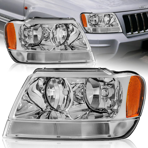 For 1999-2004 Jeep Grand Cherokee Chrome Clear Lens Amber Reflector Headlights