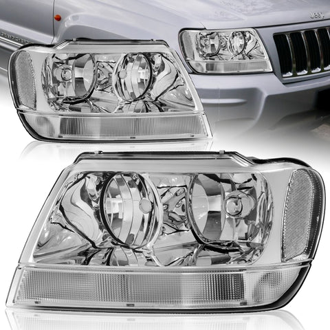 For 1999-2004 Jeep Grand Cherokee Chrome Housing Headlights W/ Clear Reflector
