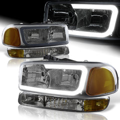 For 1999-2006 GMC Sierra 1500 2500 G2 DRL LED Smoke Amber Headlights+Bumper 4PCS