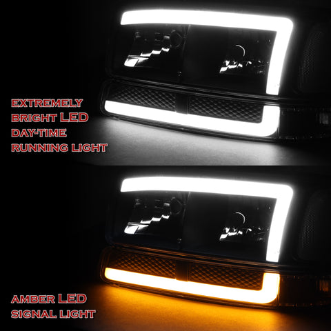 For 1999-2007 GMC Sierra Yukon DRL LED Black Amber Headlights + Bumper Lamps  4PCS