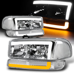 For 1999-2007 GMC Sierra Yukon DRL LED Chrome Clear Headlights + Bumper Lamps  4PCS